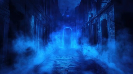 Enigmatic Foggy Alleyway with a Mysterious Blue Glow Illuminating an Archway Amidst Eerie Shadows and Abandoned Buildings in a Ghostly Setting