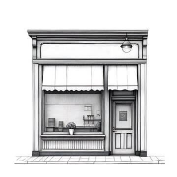 Hand-drawn illustration of a classic storefront with awning, door, and window display, ideal for business and design projects.