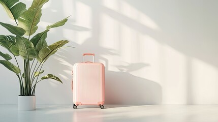 Stylish pink suitcase beside a large green plant in a minimalistic, bright room showcasing natural light and soft shadows on the wall and floor.