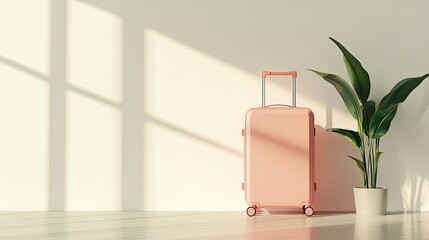 Elegant Pink Suitcase Next to a Lively Green Plant in a Sunlit Room with Shadows on the Wall, Perfect for Travel and Adventure Themes
