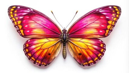 Fototapeta premium A Vibrant Butterfly with Striking Pink and Yellow Wing Patterns, Spread Wide Against a Pure White Background