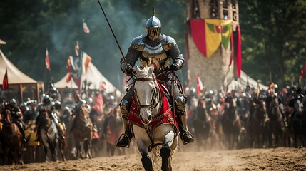 Medieval Knight Charges into Battle on Horseback