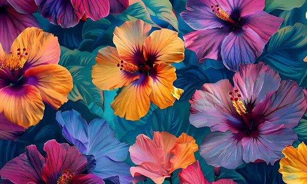 A vibrant arrangement of colorful hibiscus flowers against a blue background.