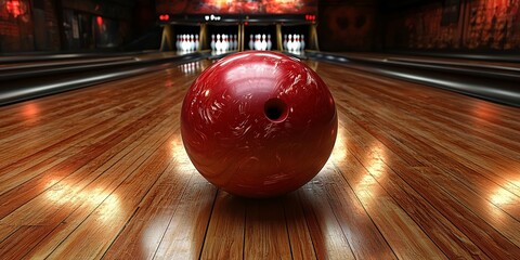 Red bowling ball on a polished wooden lane.