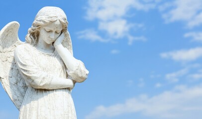 Fototapeta premium A serene angel sculpture stands with a thoughtful pose under a clear blue sky, evoking a sense of peace and contemplation in nature