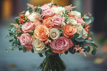 Obraz premium Elegant bouquet of pastel roses and greenery on an urban surface with a softly blurred street background, perfect for romantic, wedding, or lifestyle designs