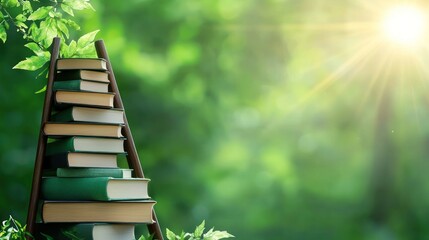 A stack of books on a wooden ladder in a sunlit green setting.