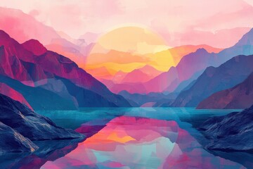 Abstract Mountain Range with Sunset Reflection in Still Water