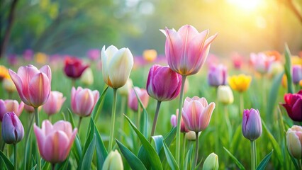 Pastel-colored Tulips blooming in a lush green meadow, new beginnings, growth,  new beginnings
