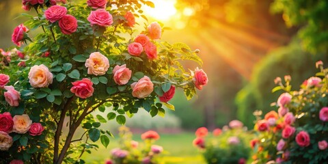 A majestic rose bush with sprawling branches and lush green leaves, set against a soft, warm background with sunlight filtering through the leaves , outdoor, nature