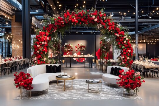 Elegant wedding reception decor with floral arch urban venue event photography modern style