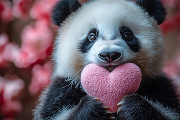 Fototapeta premium Cute panda holding a soft pink heart on a pastel pink background, perfect for Valentine’s Day, love, or playful and whimsical designs