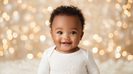 Baby bodysuit mockup and birthday A joyful baby with curly hair smiles brightly against a soft, shimmering background, radiating warmth and innocence.