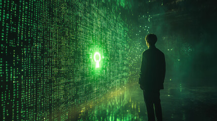 hacker in a dark room facing a wall of encrypted data, with green code