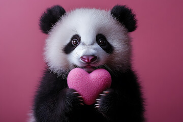 Cute panda holding a soft pink heart on a pastel pink background, perfect for Valentine’s Day, love, or playful and whimsical designs