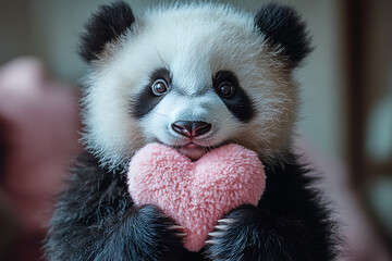 Fototapeta premium Cute panda holding a soft pink heart on a pastel pink background, perfect for Valentine’s Day, love, or playful and whimsical designs
