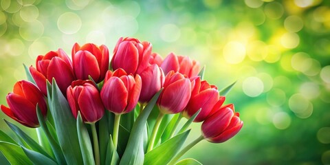 Fototapeta premium A vibrant bouquet of red tulips, their petals unfurling against a backdrop of soft, green bokeh, capturing the essence of spring's joyful rebirth.