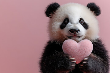 Naklejka premium Cute panda holding a soft pink heart on a pastel pink background, perfect for Valentine’s Day, love, or playful and whimsical designs