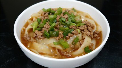 A bowl of noodles topped with ground meat and green onions.