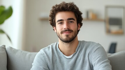 A man with a beard is sitting on a couch and smiling