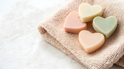 Obraz premium Heart shaped soap bars in soft pastel colors on neutral towel create soothing atmosphere. Perfect for relaxation and self care routines