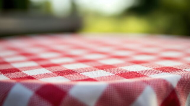 A peaceful outdoor location features a vacant table draped with a red checkered tablecloth, inviting moments of relaxation and enjoyment