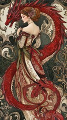 Obraz premium A Red Dragon and Woman in Elegant Attire