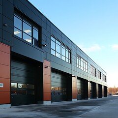 Obraz premium Modern Industrial Building with Large Garage Doors and Windows Under a Clear Blue Sky.