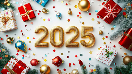 golden  Christmas decorations, confetti, and gifts