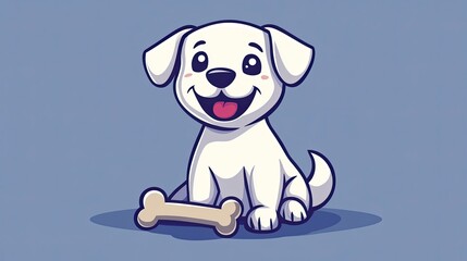 Happy cartoon white puppy dog sitting with bone.