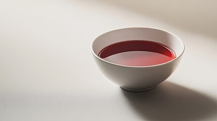 Elegant White Bowl Containing Deep Red Liquid with Soft Light and Subtle Shadow on Minimalist Surface, Perfect for Food or Drink Photography