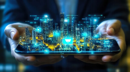 hand hold mobile with icon e-commerce