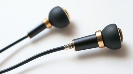 Close-up View of Stylish Earbuds with Black and Gold Design Featuring Soft Rubber Tips and a Tangle-Free Cable for Enhanced Listening Experience