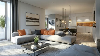 A large living room with a couch, coffee table, and a potted plant