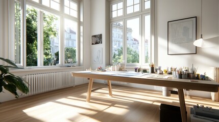 Bright, airy workspace with a large table and art supplies.