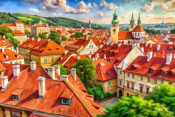 Fototapeta premium Digital Watercolor Sketch: Prague Red Rooftops Aerial View - Panoramic Cityscape