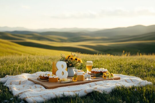 Celebratory picnic in scenic meadow with sunflowers, cake, and decorative number eight