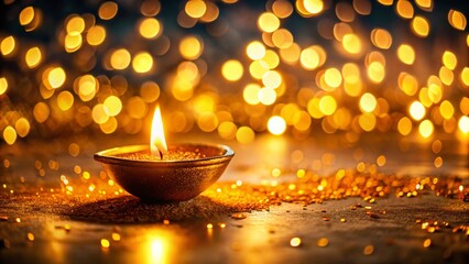 Diwali Festival Background: Golden Bokeh Lights, Gold Powder Bowl, Copy Space