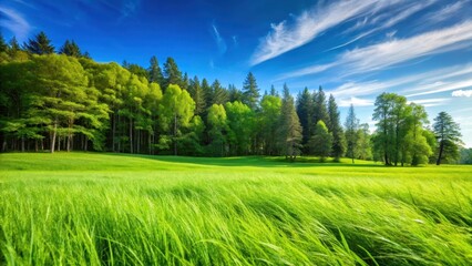 Lush green grass with subtle blades swaying in the wind, surrounded by tall trees and a clear blue sky , landscape, trees