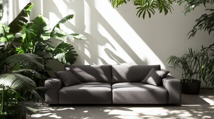 A large grey couch is sitting in front of a wall of plants
