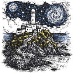 Fototapeta premium Lighthouse on a Rocky Island Under a Starry Night Sky, Hand-Drawn Illustration.
