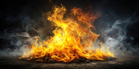 Fototapeta premium A majestic burning flame against a dark black background, with flickering yellow and orange hues, surrounded by smoke and ash, creating an eerie atmosphere , heat, dramatic effect