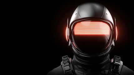 A futuristic helmeted figure with glowing red visor and headphones, set against a dark background, suggesting themes of technology and space exploration.