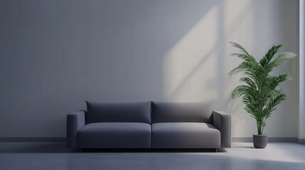 A large grey couch sits in a room with a large potted plant in the corner