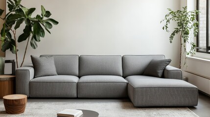 A grey sectional sofa with a plant in the corner