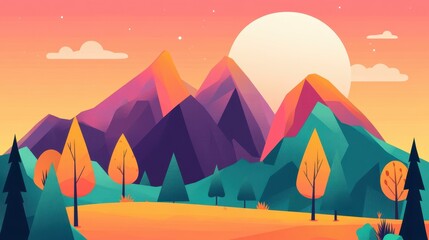 Abstract Illustration of Mountains, Trees, and a Sunset