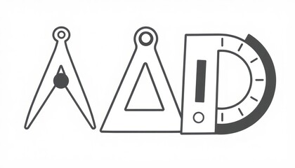 Stationery Tools Icon Set. Minimalist icons of a compass, protractor, and set square.

