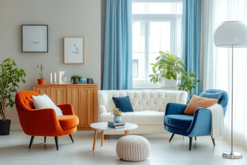 Orange and blue armchairs and white sofa against wooden cabinet  living room