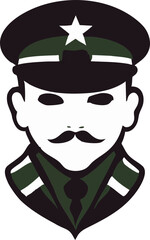 A retro-styled illustration of a military officer with a sharp mustache.