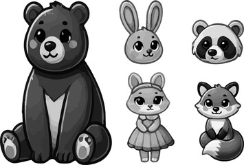 A set of cute cartoon plush toys featuring a bear, rabbit, and panda.